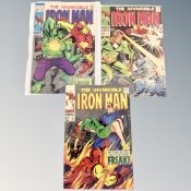 Three Marvel 12c Comics The Invincible Iron Man, 3, 4 and 9, in plastic covers.