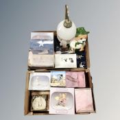 Two boxes of modern ornaments, figural lamp,