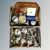 Two boxes of antique and later plated wares, cased Royal Wedding silver-plated teaspoons,