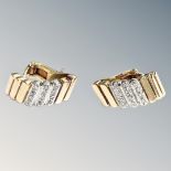 A pair of yellow gold earrings (tested 18ct), set in block bar pattern, set with diamonds, 14.4g.