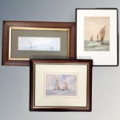 Three early twentieth century and later watercolours - Sailing scenes, framed.