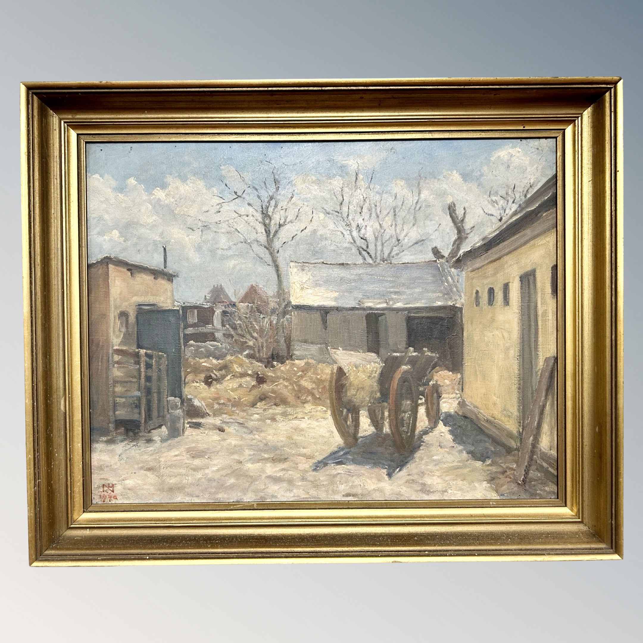 Danish School : Cart by a barn, oil on canvas,