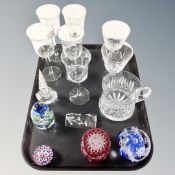 A tray of glass paperweights, Paul Miller example, further glass, perfume bottle,