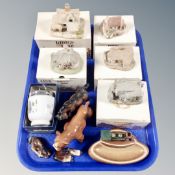 A tray of five Lilliput Lane house ornaments, boxed, Wade ashtray, animal ornaments,