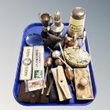 A tray containing assorted collectable's to include a plated trophy on stand and sugar sifter,