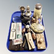 A tray containing assorted collectable's to include a plated trophy on stand and sugar sifter,