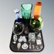 A tray of coloured glass, dishes, crystal ornaments, table lighter.