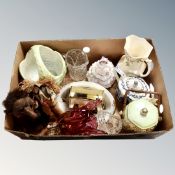 A box containing miscellanea to include Royal Doulton figure (a/f), Bohemian glassware,