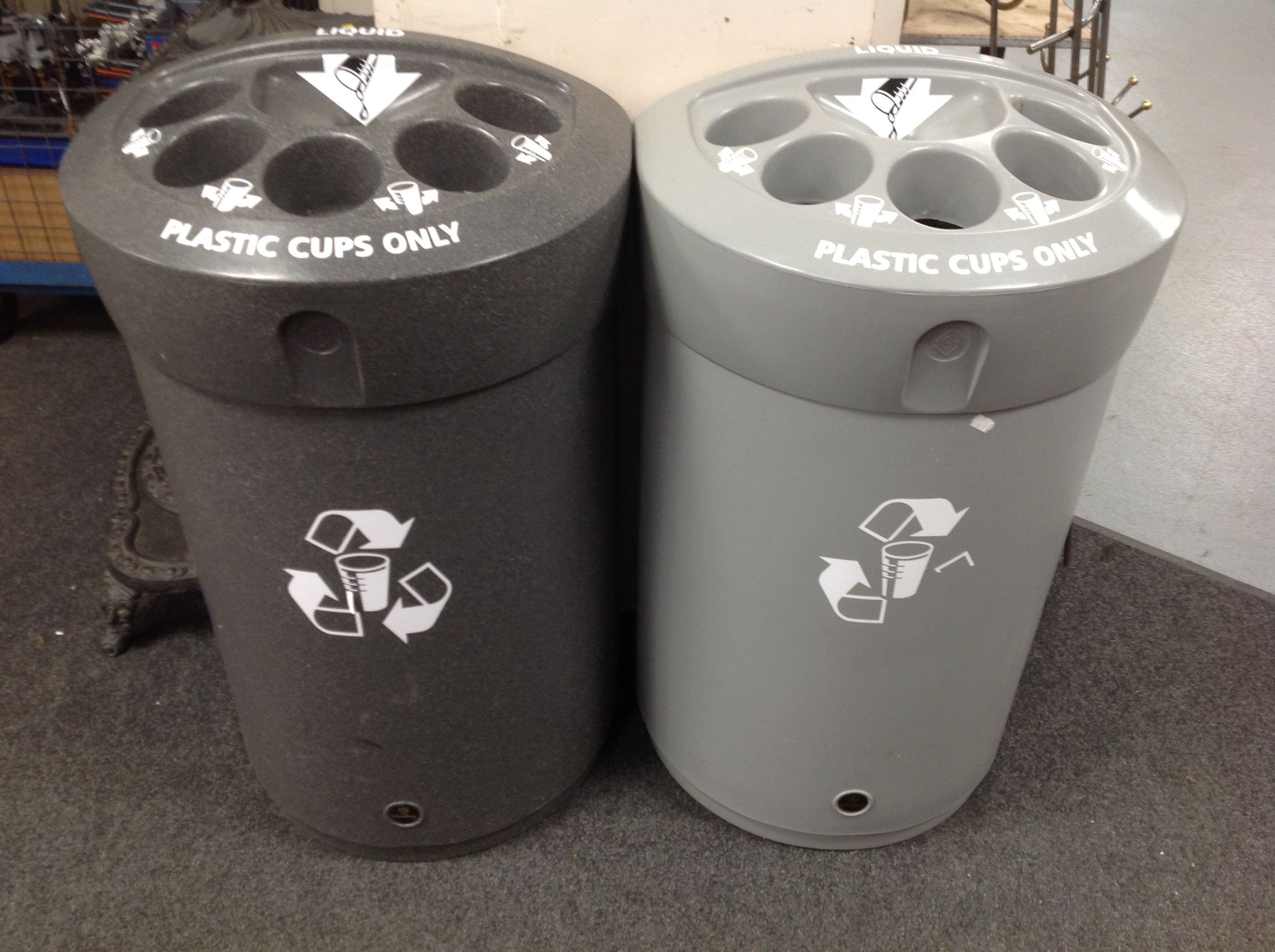 Two plastic cup recycling bins