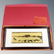 A Chinese picture depicting a temple scene, in frame and mount, boxed with certificate.