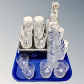 A tray of good quality crystal including Edinburgh crystal whisky glasses, a cut crystal decanter.