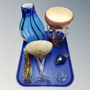 A collection of coloured contemporary glass comports, large vase etc.