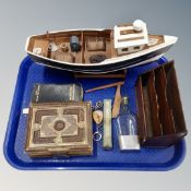A tray of wooden model boats, letter rack,