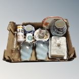 A box containing miscellanea to include Maling vases, cheese dish with cover, commemorative china,