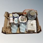A box containing miscellanea to include Maling vases, cheese dish with cover, commemorative china,