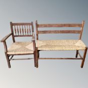 A beech and sea grass two seater bench with armchair