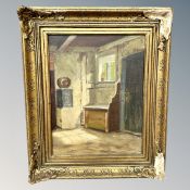 Continental School : Cottage interior, oil on canvas, 33 cm x 25 cm, framed.