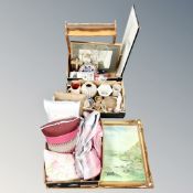 Three boxes containing assorted ceramics, home furnishings, pictures, pine wall shelf,