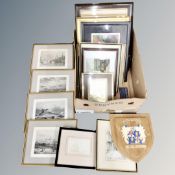 A collection of pictures and prints, wooden heraldic plaque.