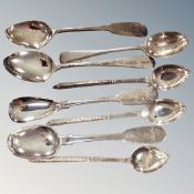 Eight assorted English and continental silver teaspoons.