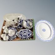 A box containing 19th century blue and white meat plate, plated tea ware, continental ceramics etc.