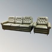 A 20th century three-seater green leather button settee and matching armchair