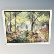 Continental School : A stream through woodland, oil on canvas, 87 cm x 65 cm.