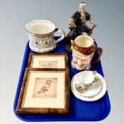 A tray containing assorted ceramics to include Lancaster Toby jug, Chinese pottery figure,