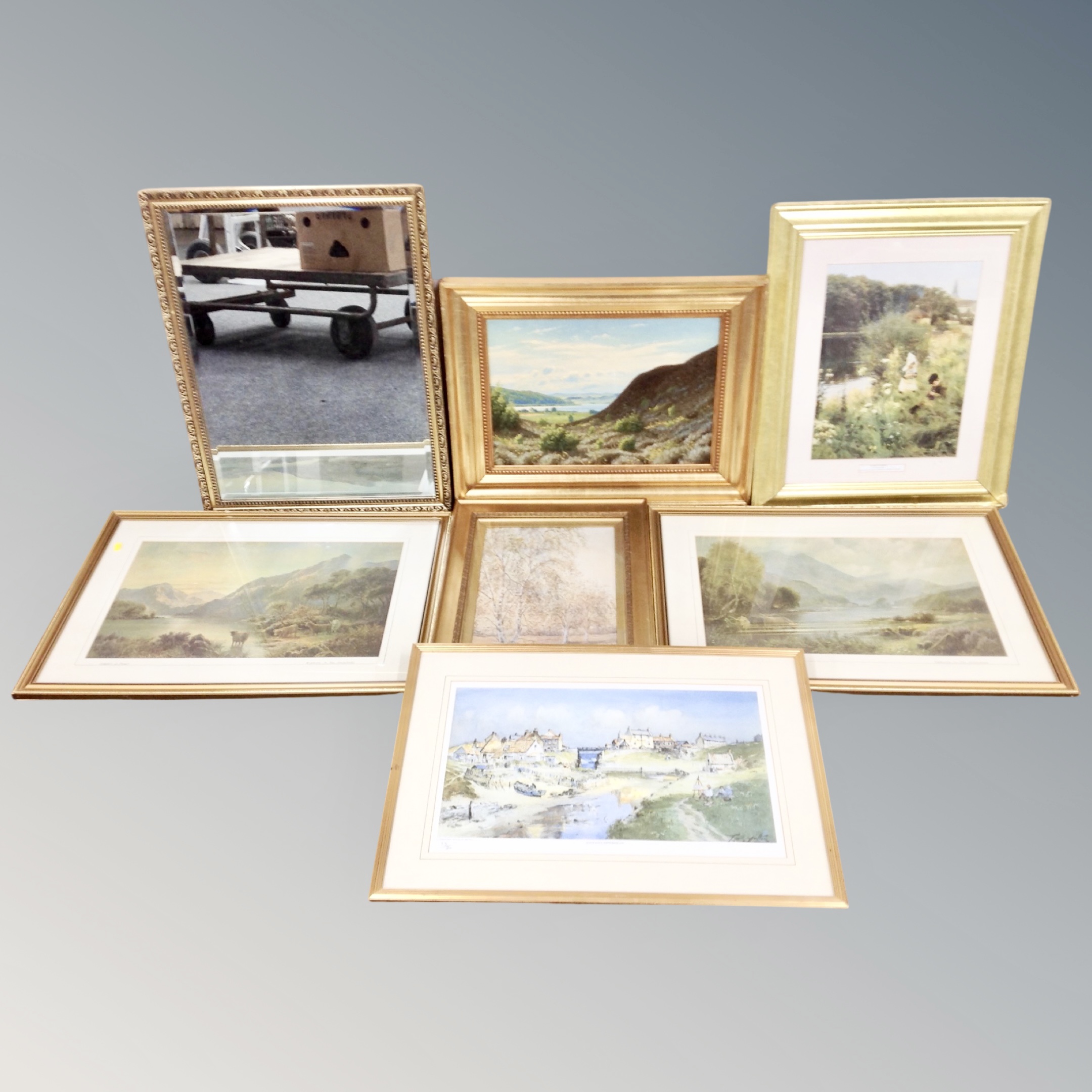 A 20th century continental school oil on canvas landscape scene together with five further pictures
