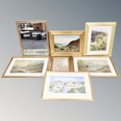 A 20th century continental school oil on canvas landscape scene together with five further pictures