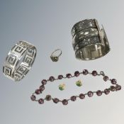 A collection of jewellery to include dress ring, white metal cuff bracelet, clip bracelet,