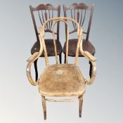 An antique bentwood armchair together with a pair of chairs