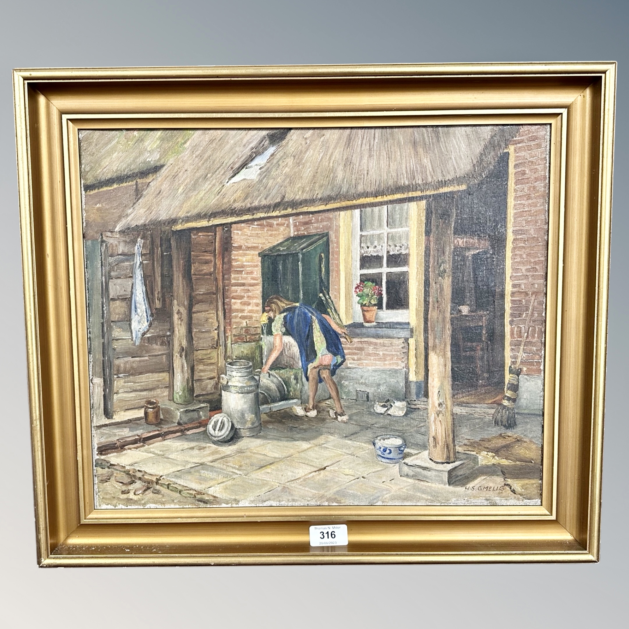 H S Gmelig : Lady by a cottage, oil on canvas, 45 cm x 37 cm, framed.