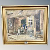 H S Gmelig : Lady by a cottage, oil on canvas, 45 cm x 37 cm, framed.