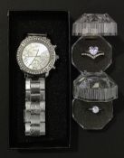 Boxed silver plated diamante watch, boxed diamante rings with diamante bracelet.