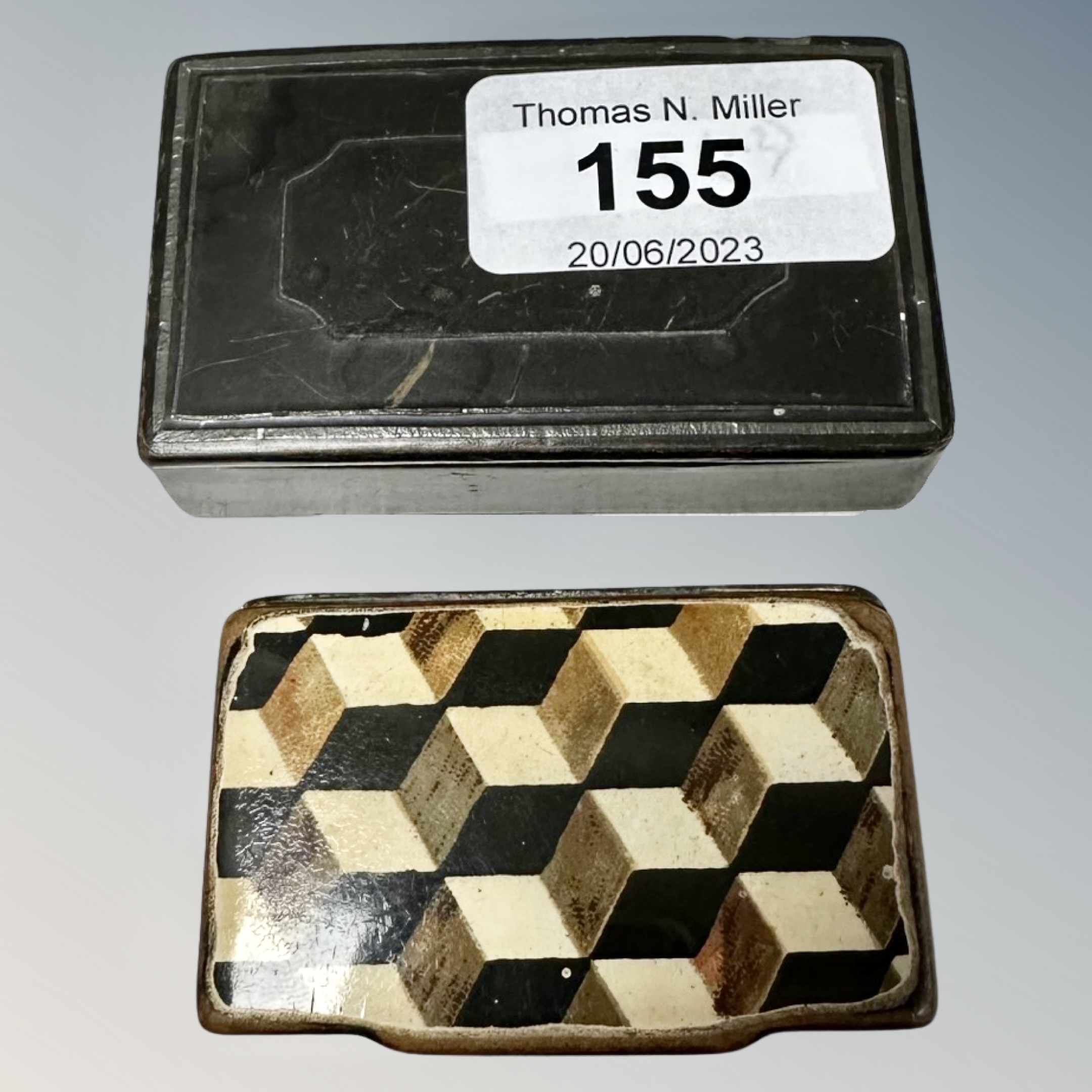 An antique black lacquered snuff box and antique Tonbridge style cube decorated with inlay