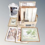 A box of assorted 20th century and later pictures and prints, signed prints, topographical maps,