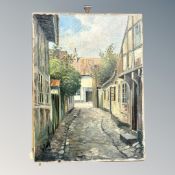 Continental School : A cobbled street, oil on canvas, 59 cm x 44 cm unframed.