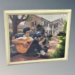 A mid 20th century framed bead work panel - Elvis playing guitar by a tree,