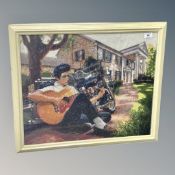 A mid 20th century framed bead work panel - Elvis playing guitar by a tree,