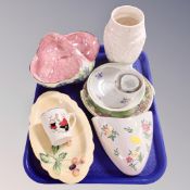 A tray containing assorted ceramics to include nursery china, dishes and wall pocket Beswick vase.