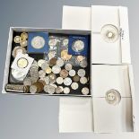 A box of various coins, two proof £2 coins, crowns,