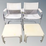 A pair of tubular steel and white leather chairs together with a pair of moulded plastic low tables