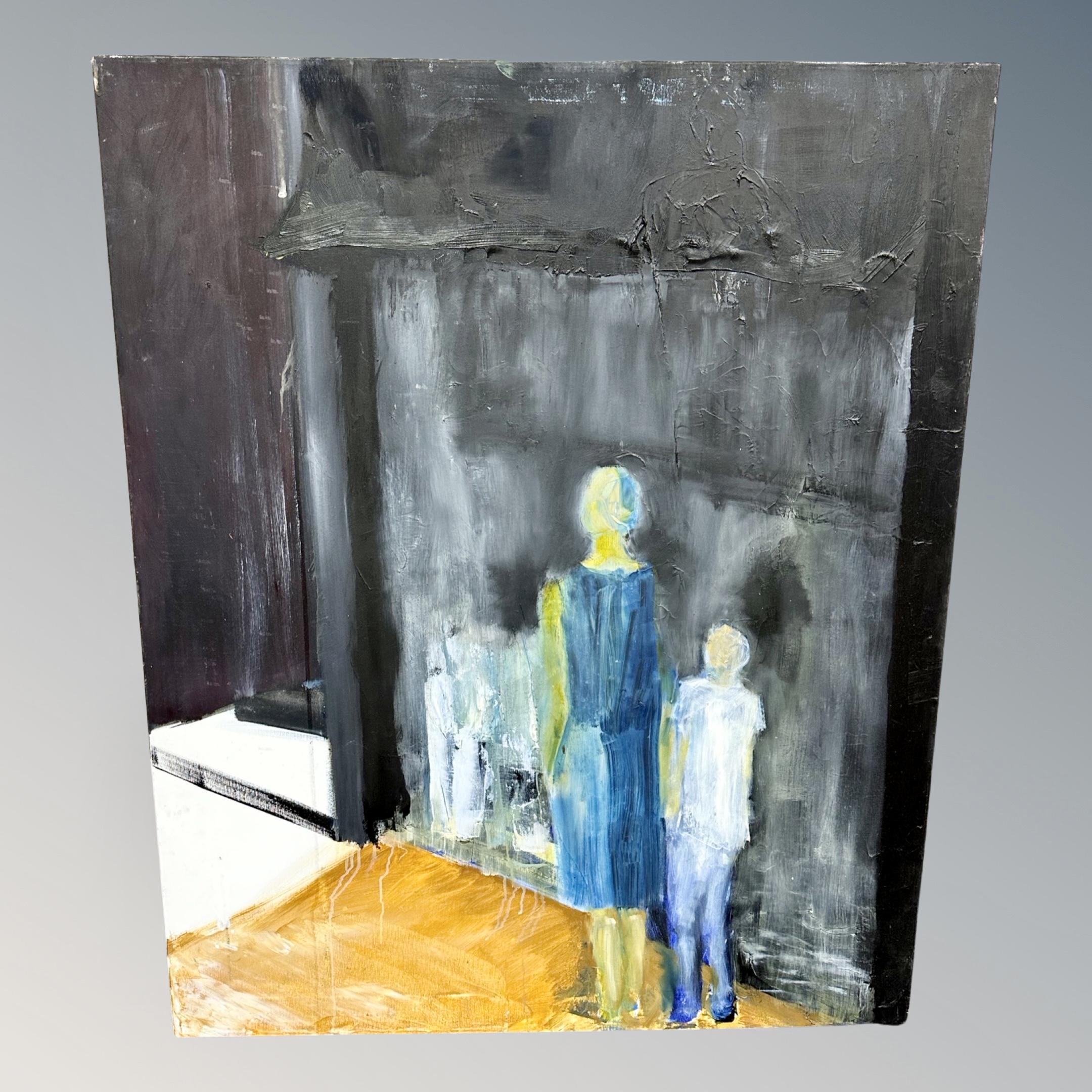 Continental School : Two figures on a street, oil on canvas, 100 cm x 81 cm, unframed.