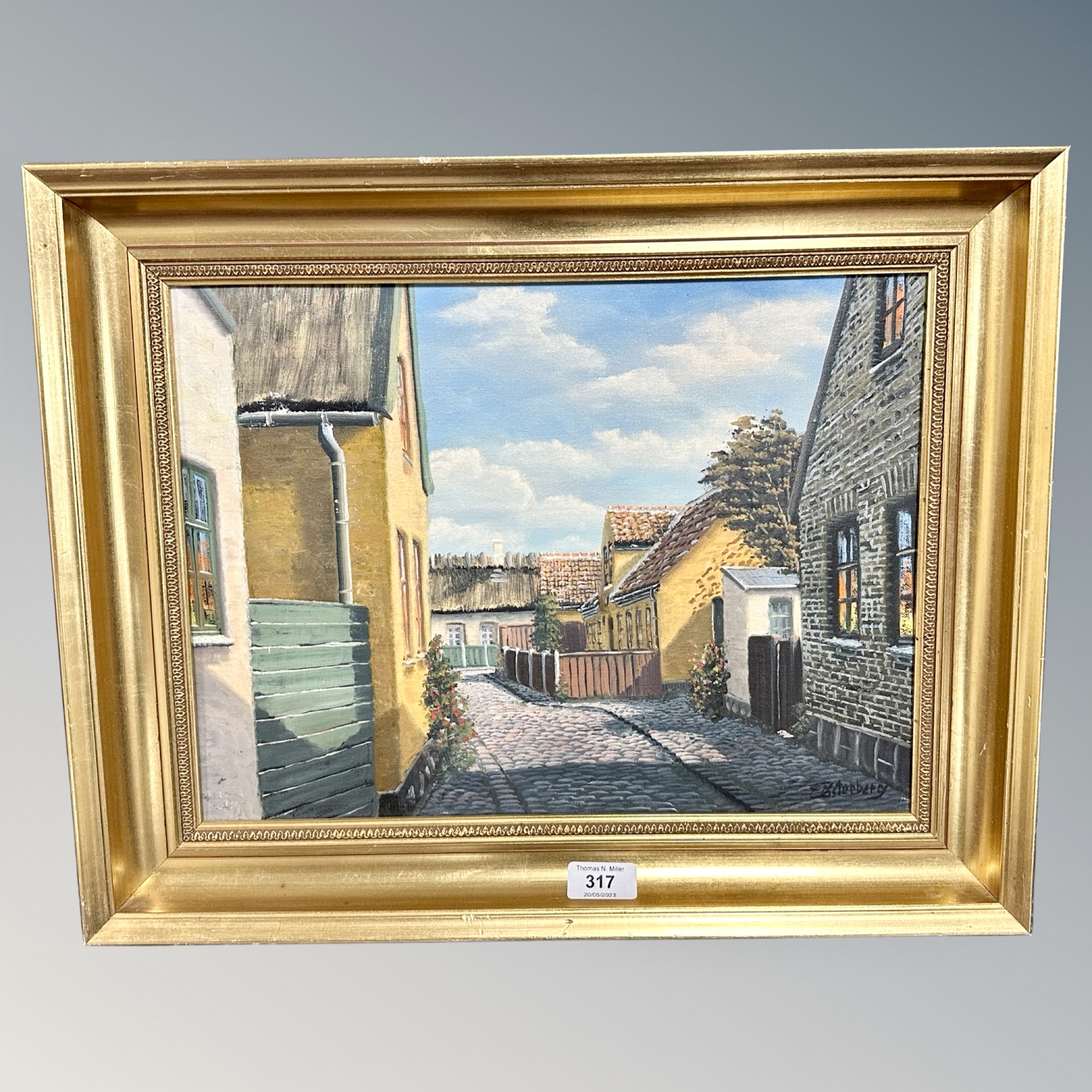 E Osterberg : Danish cobbled street, oil on canvas, 39 cm x 29 cm, framed.