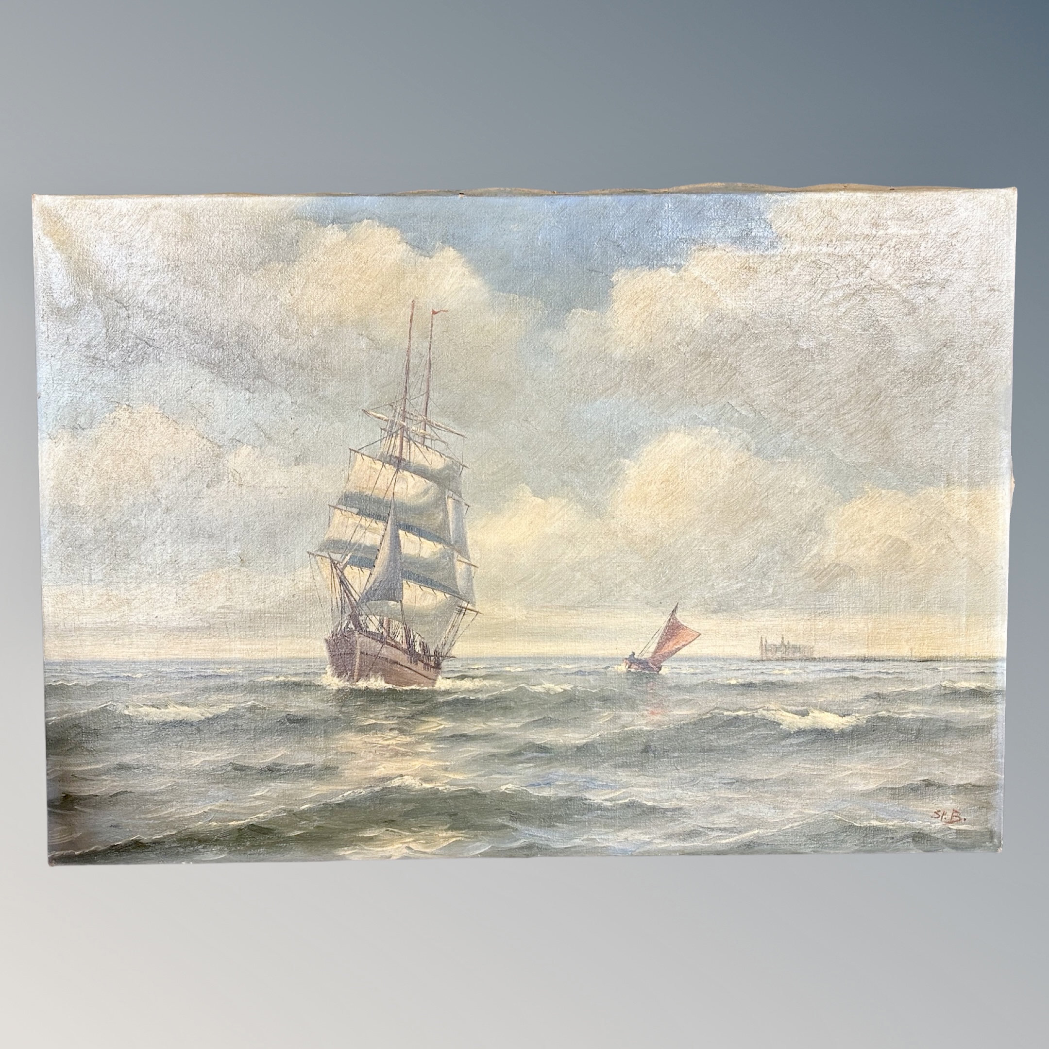 Continental School : A sailing ship in choppy waters, oil on canvas, 97 cm x 67 cm, unframed.