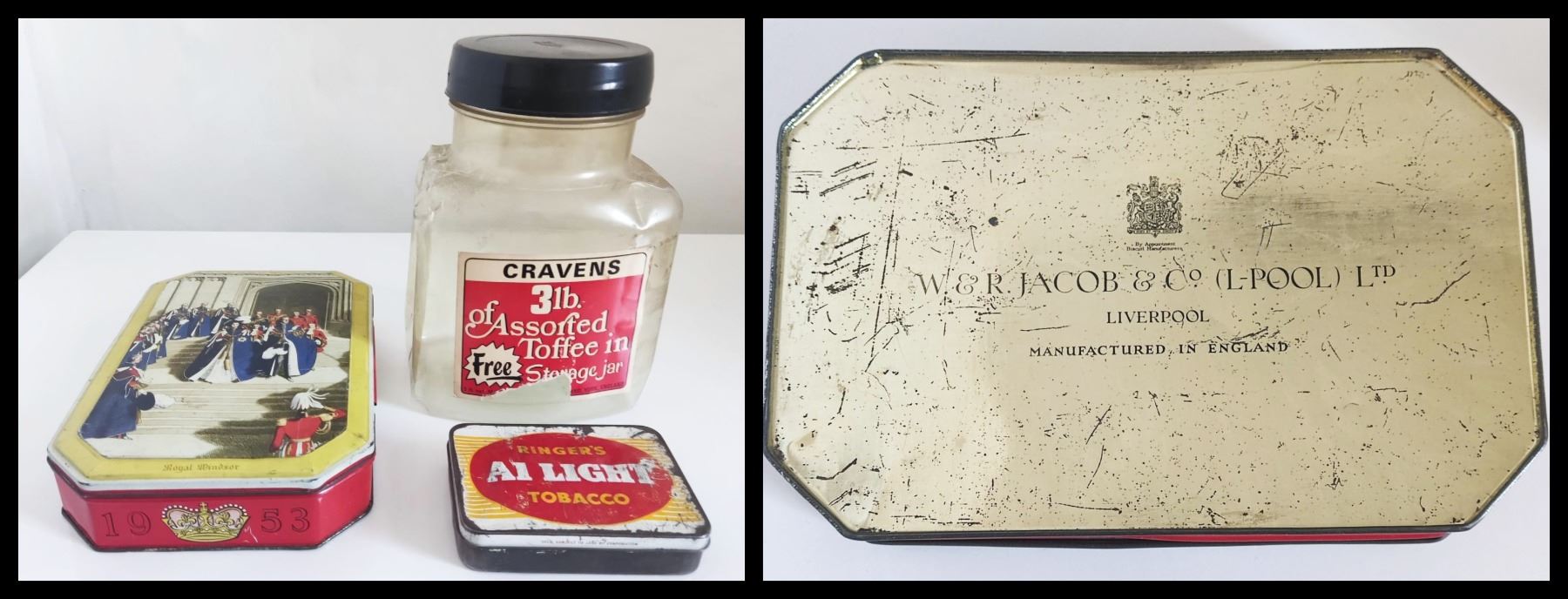 Vintage W&R Jacob & co Liverpool 1953 Royal Windsor tin, Cravens 3lb toffee storage jar,