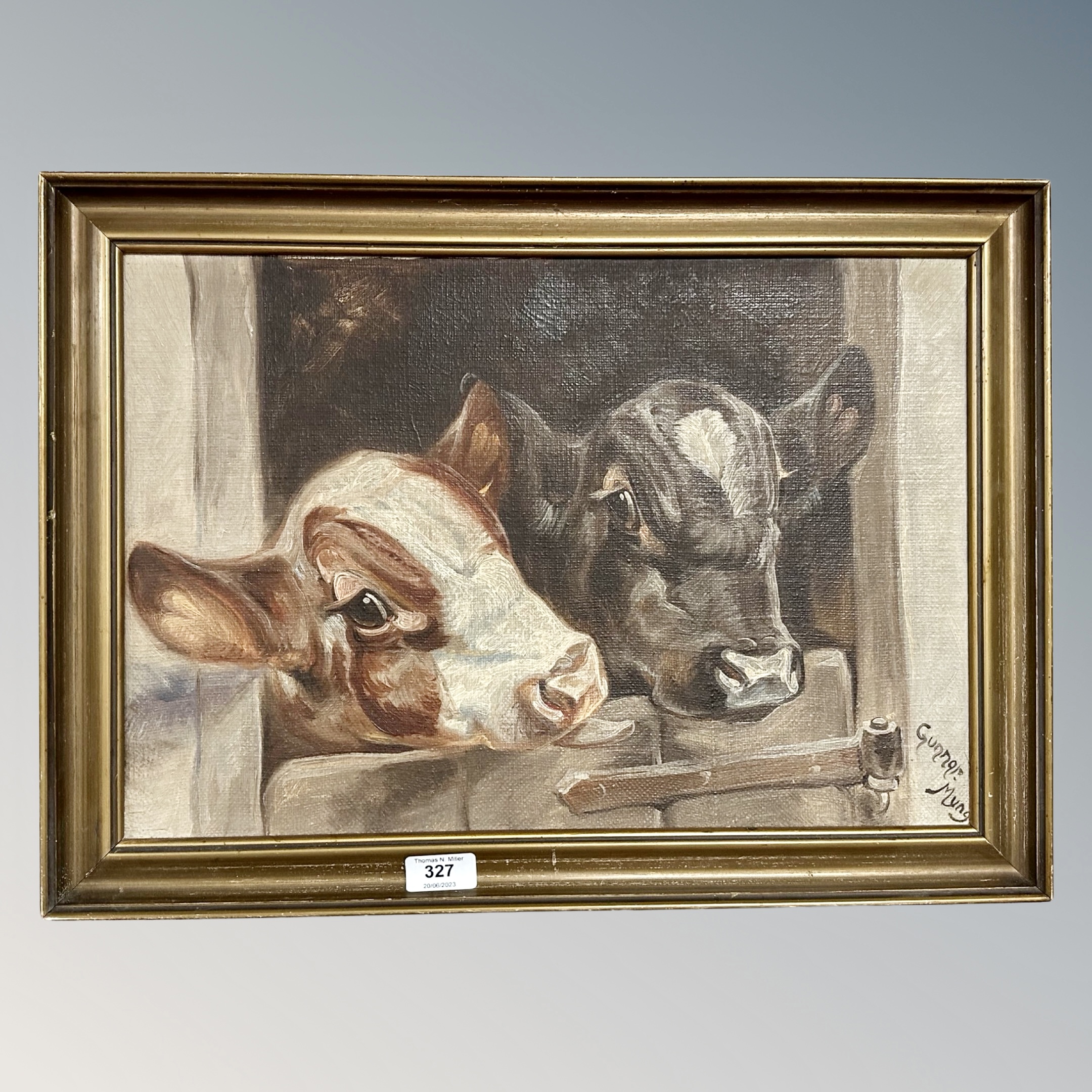 Gunnor Mung : Two calves at a barn door, oil on canvas,