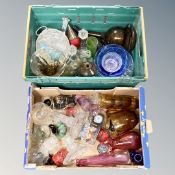 Two boxes of glassware including vintage coloured glass, bowls, candlesticks etc.