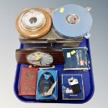 Tray of collectable items including a Metamec clock, post office saving bank, a padlock,